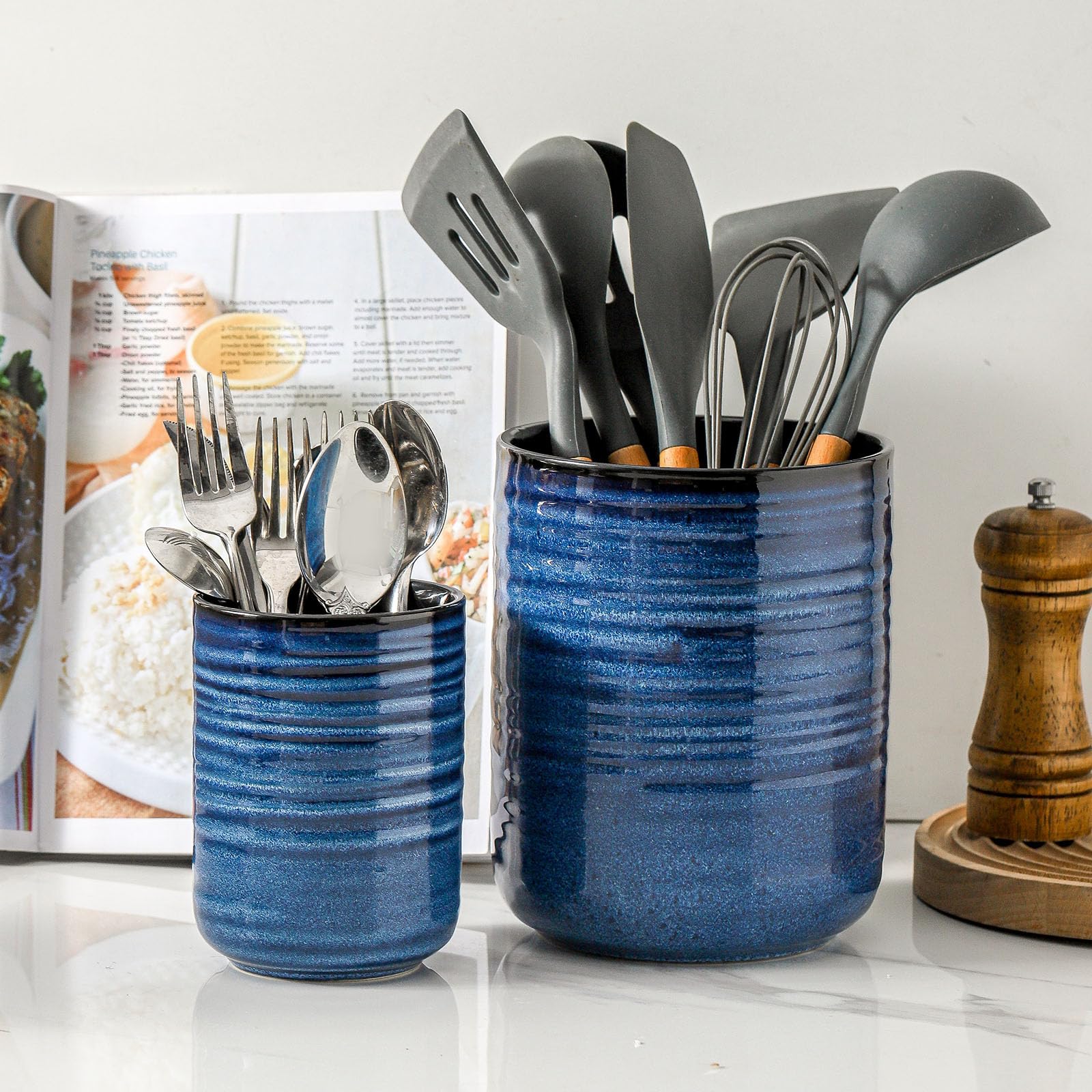 HASENSE porta utensilios cerámica doble set para organizar utensilios y cuchillos.