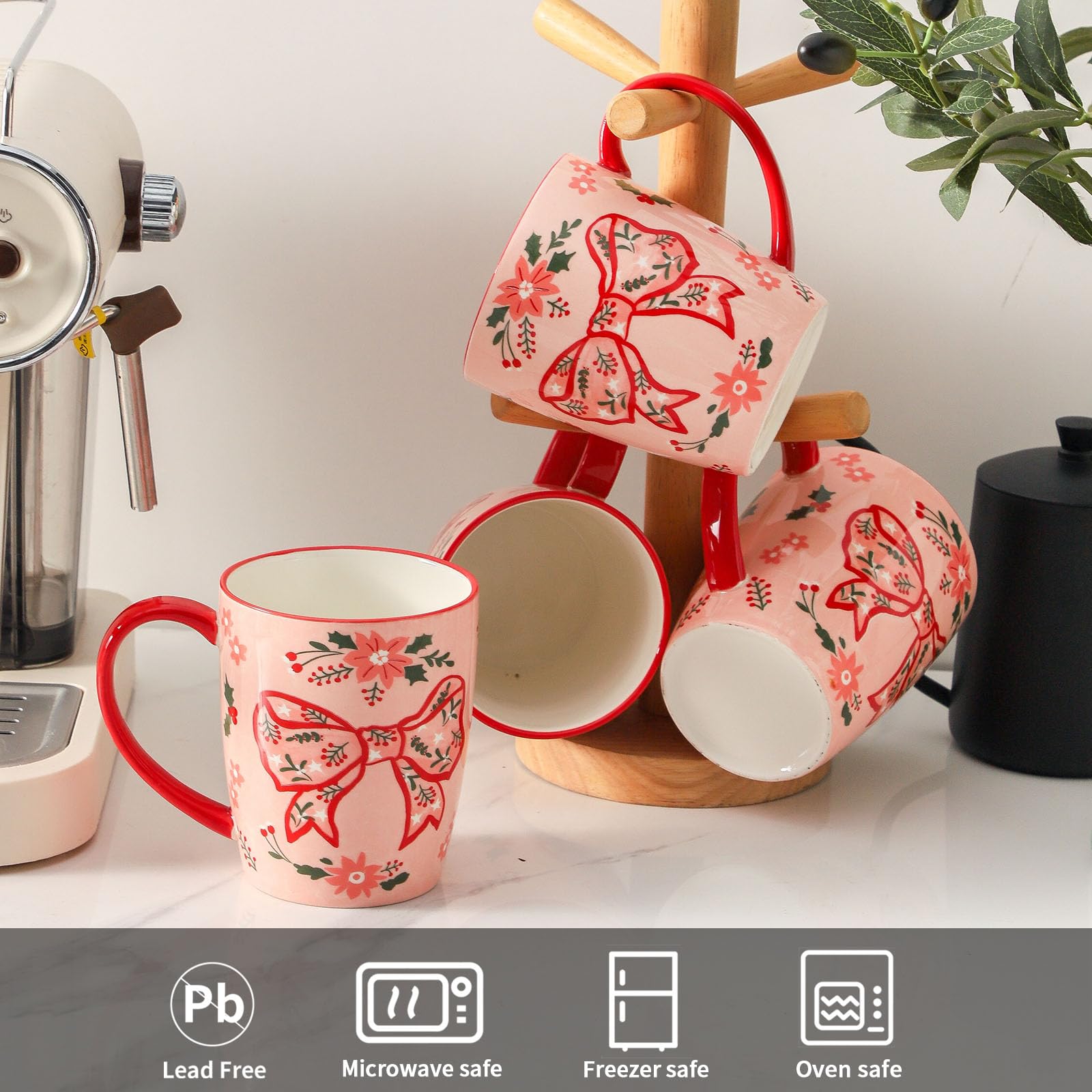HASENSE taza cerámica con diseño poinsettia y acebo para fiestas