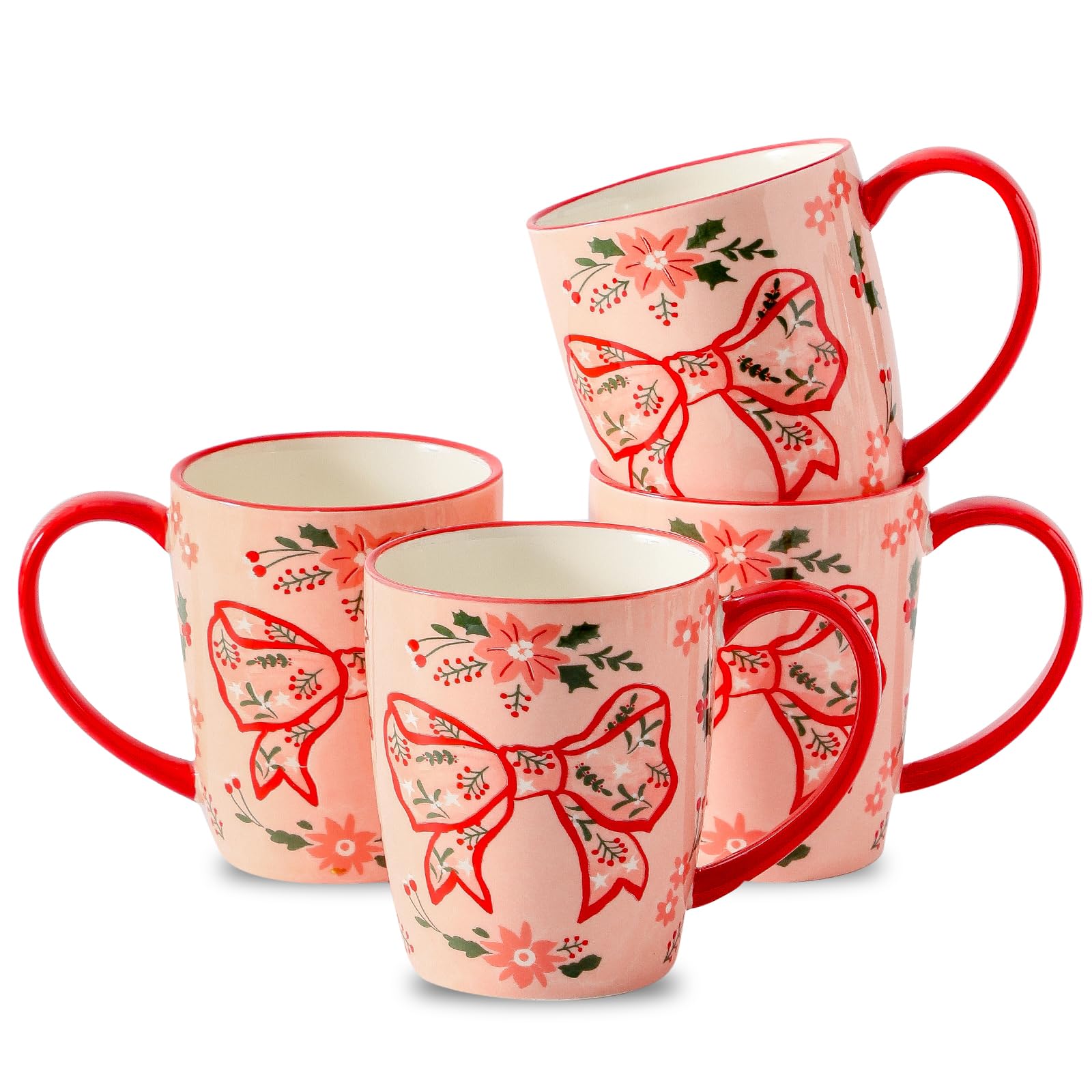 HASENSE tazas de cerámica rosa con lazo navideño para café y chocolate caliente