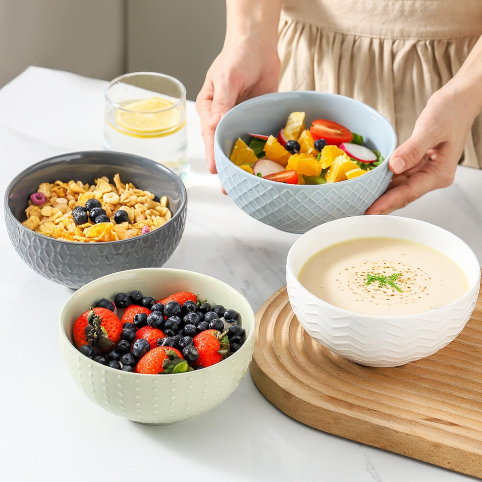 Hasense tazones cerámicos multicolor, conjunto versátil para cereal, sopa o ensaladas.