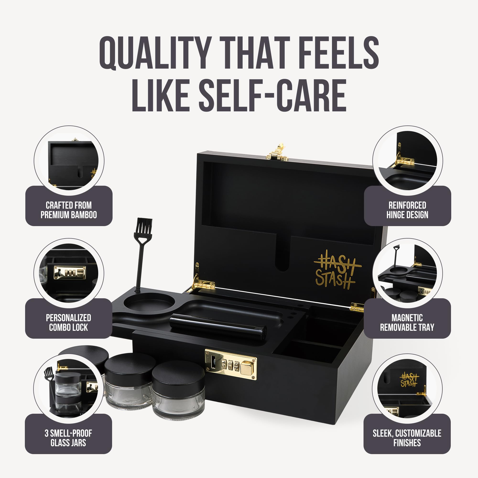 HASHSTASH tapa magnética en negro y dorado, elegante y práctica para guardar objetos.
