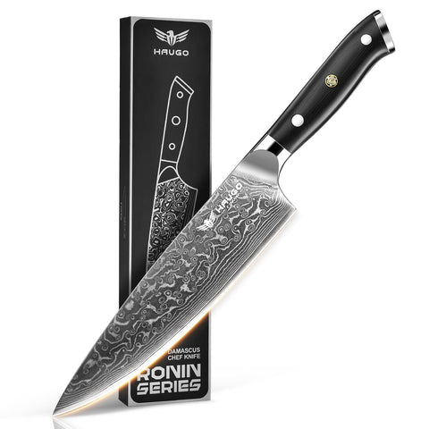 Haugo cuchillo chef damasco 8 pulgadas, diseño en 67 capas para cortes precisos.