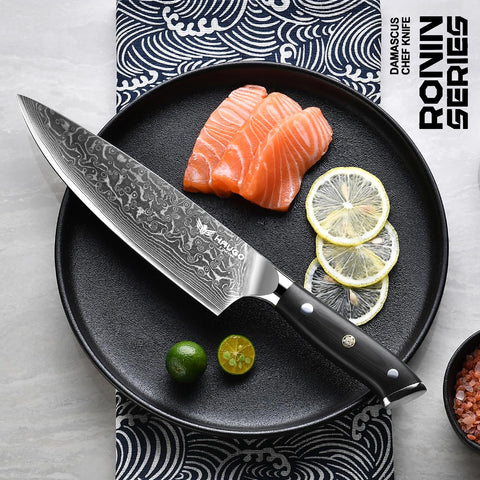 Haugo cuchillo damasco con núcleo VG10 japonés para durabilidad y resistencia a la corrosión.
