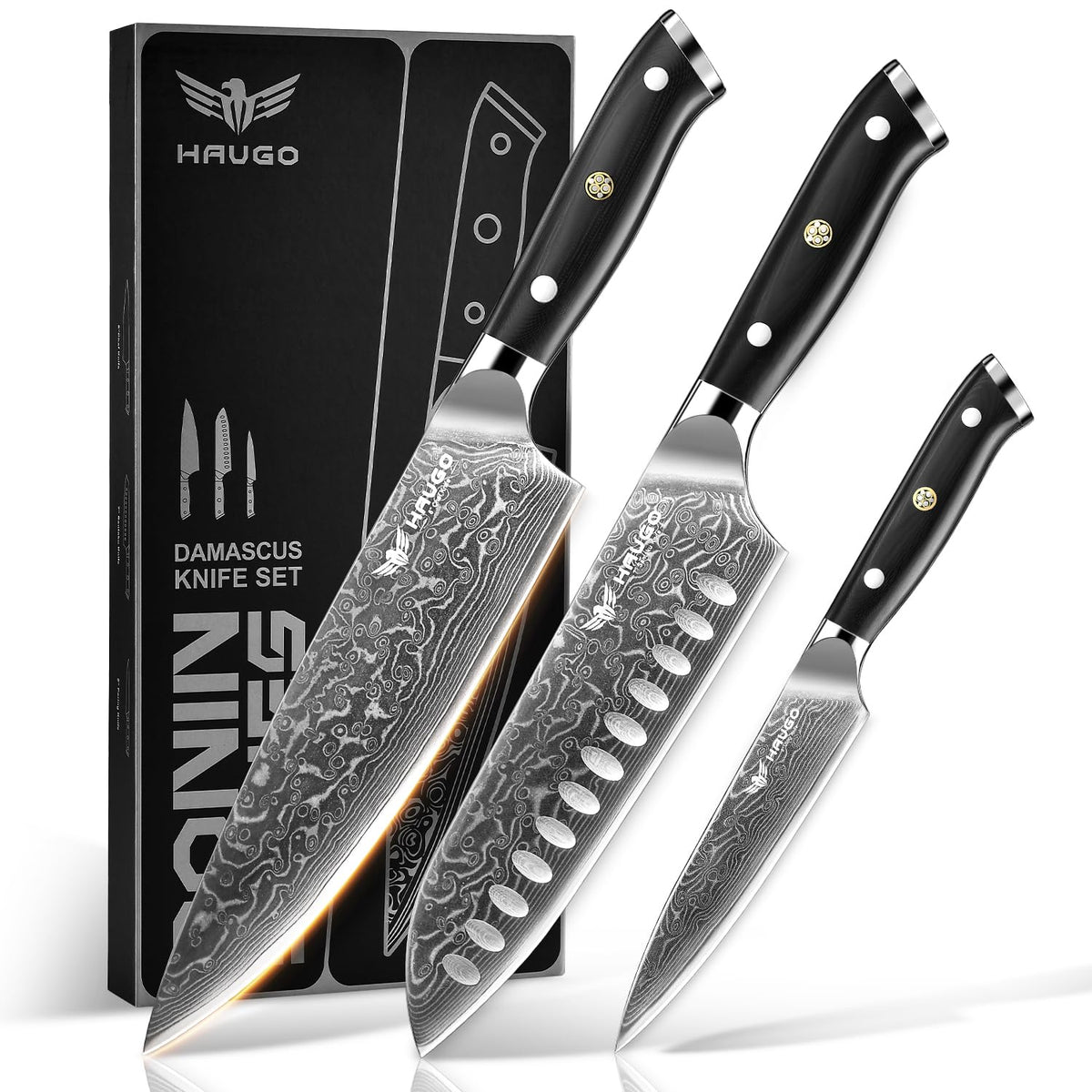 Conjunto Haugo Damascus 3 piezas para cocina versátil y precisa