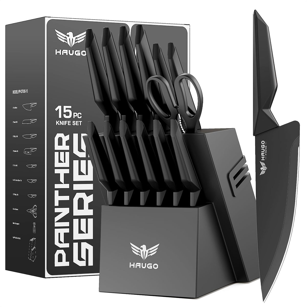 Haugo Panther 15pc, conjunto completo con bloque y afilador para una cocina organizada.