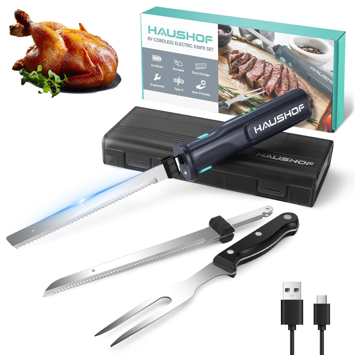 HAUSHOF cuchillo eléctrico inalámbrico para carne con control preciso