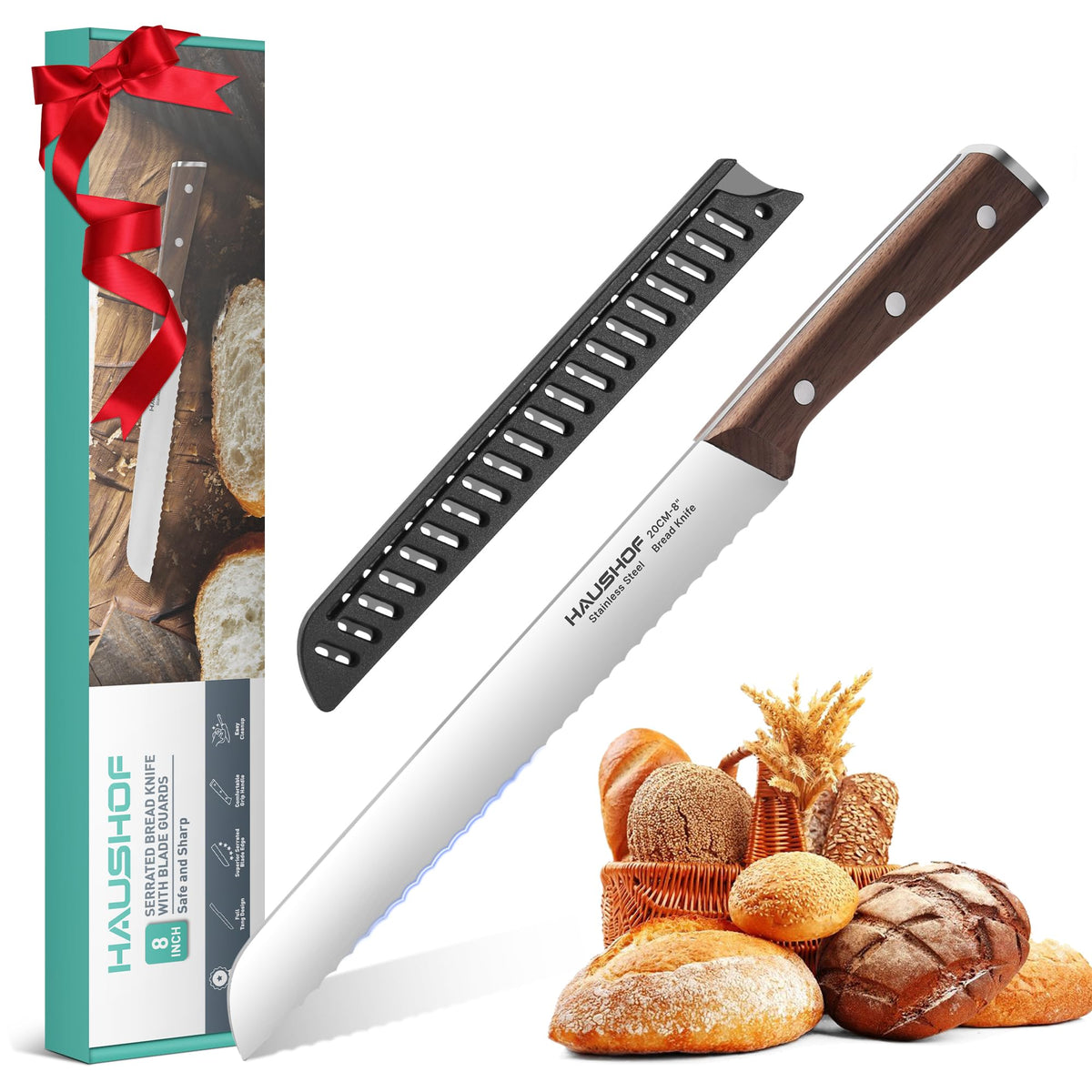 HAUSHOF cuchillo de pan 8 pulgadas con hoja serrada para cortes precisos en pan crujiente