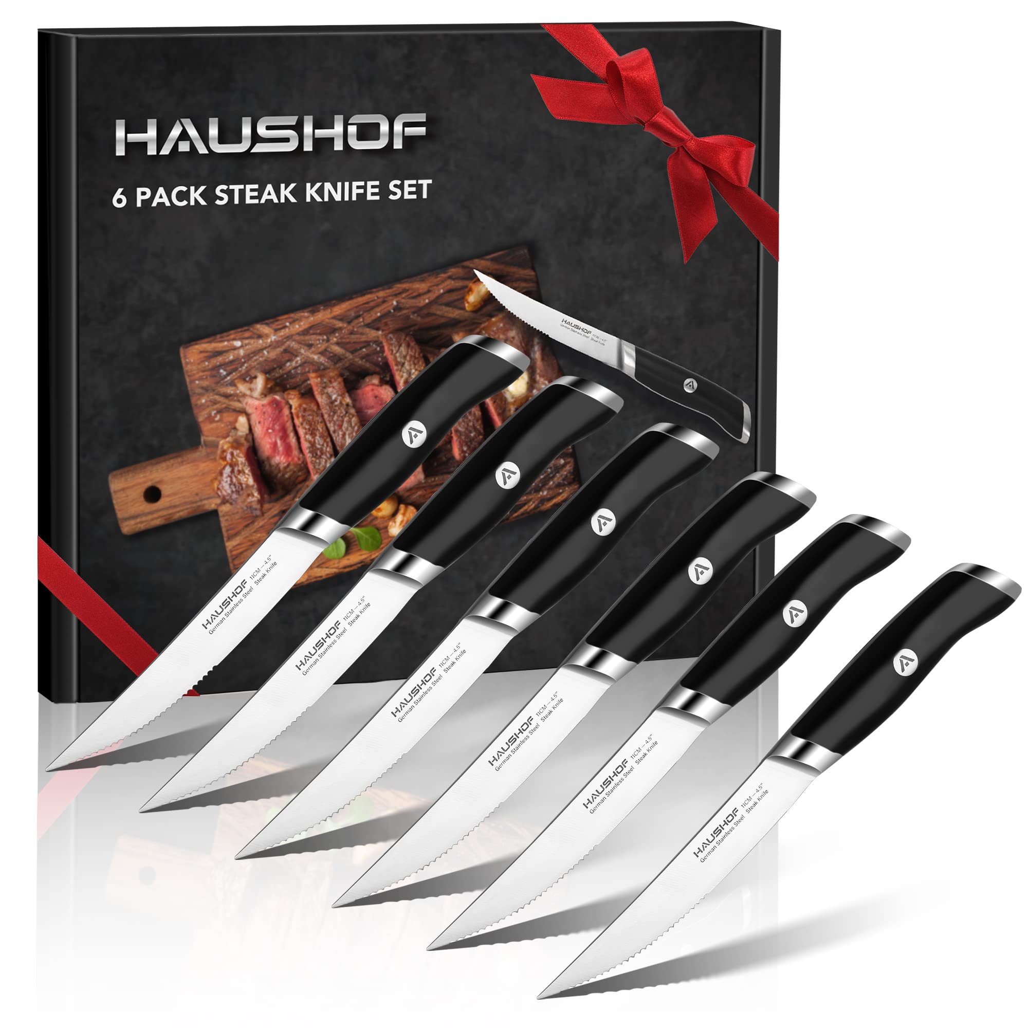HAUSHOF cuchillos para bistec, juego de 6, ideal para servir en la mesa.