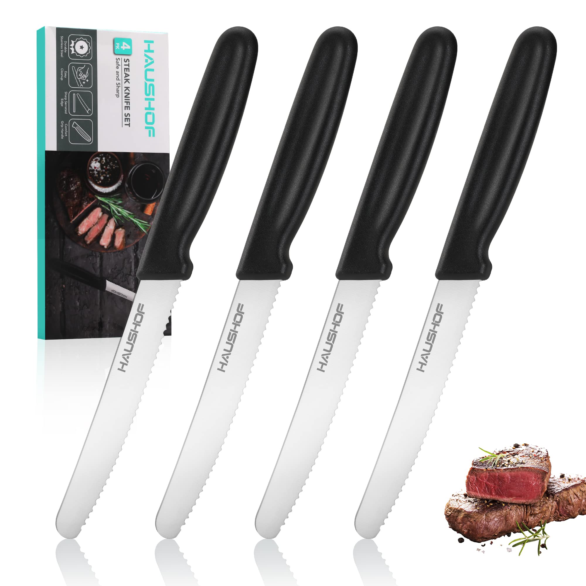 HAUSHOF cuchillos para bistec con mango negro, filo afilado para cortes precisos.