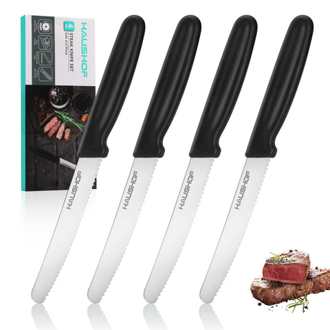 HAUSHOF cuchillos para bistec con mango negro, filo afilado para cortes precisos.