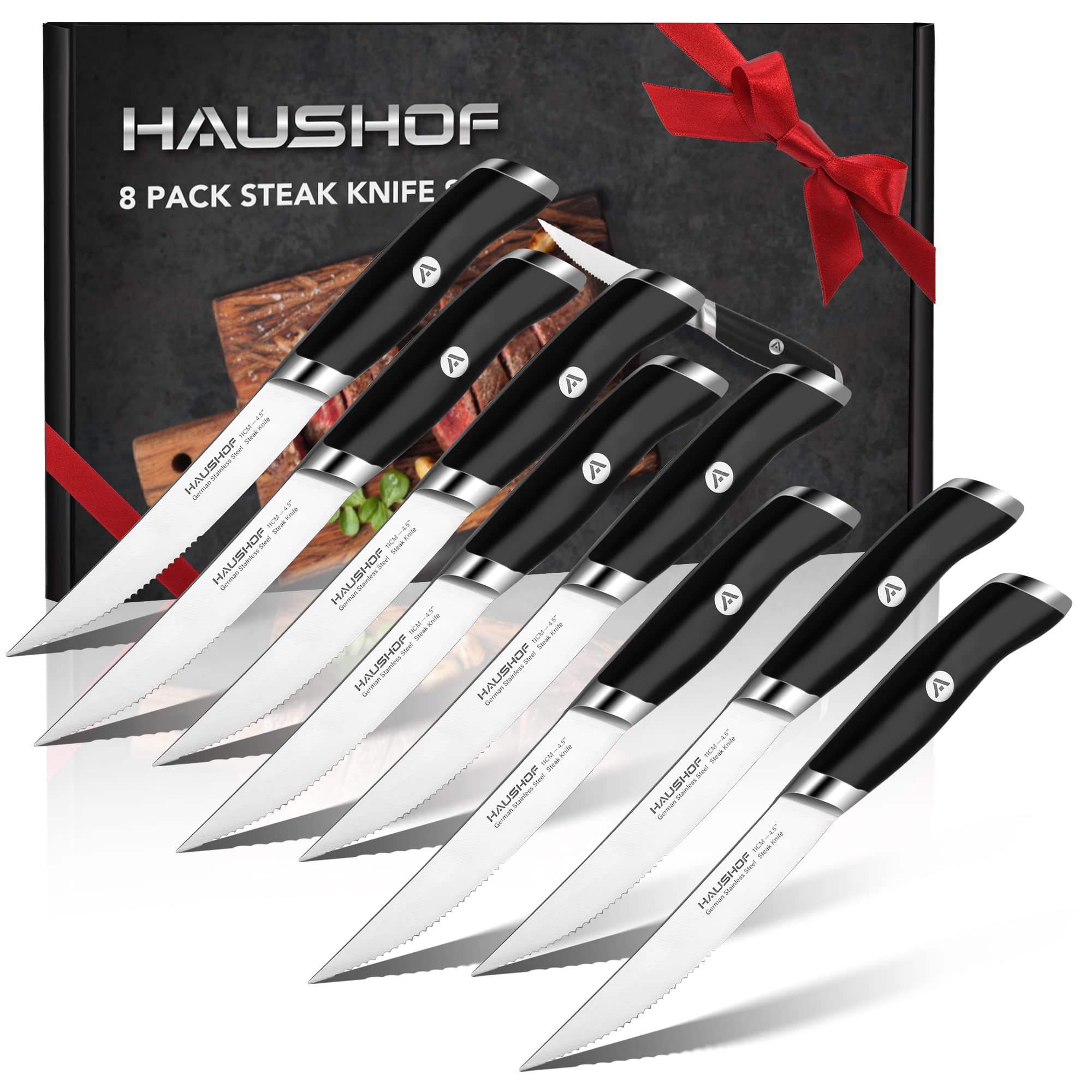 HAUSHOF cuchillos para bistec con filo serrado y mango ergonómico para cortes precisos.