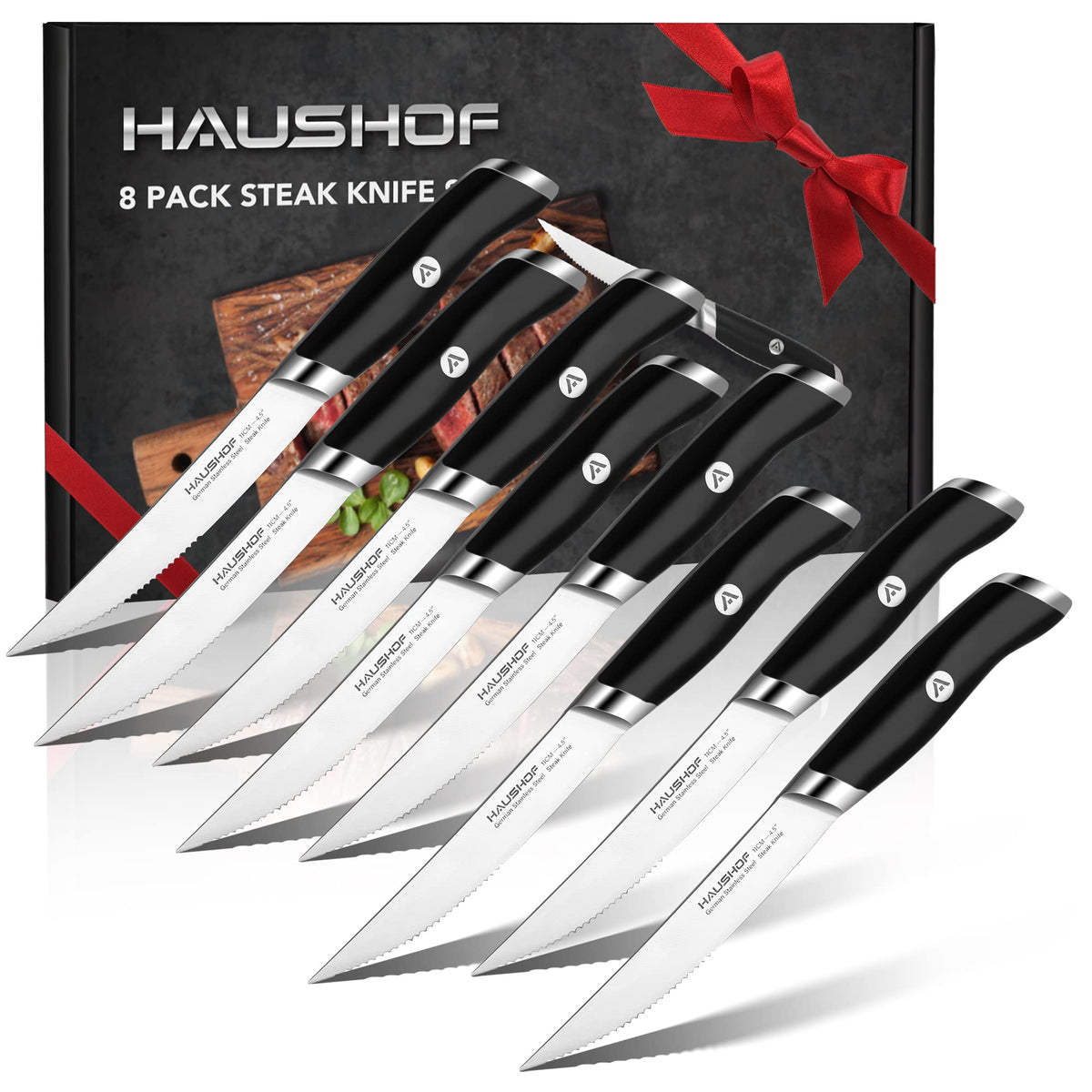 HAUSHOF cuchillos para bistec con filo serrado y mango ergonómico para cortes precisos.