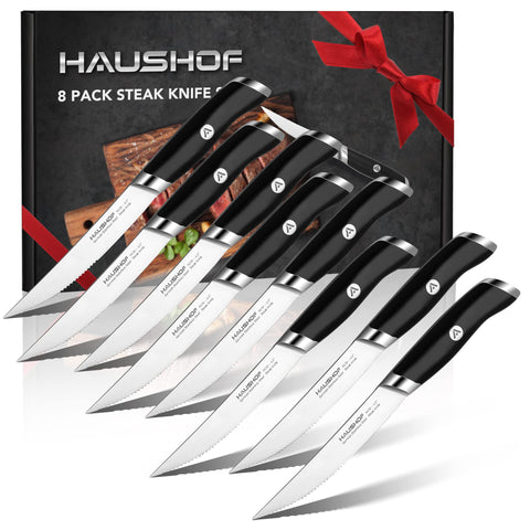 HAUSHOF cuchillos para bistec con filo serrado y mango ergonómico para cortes precisos.