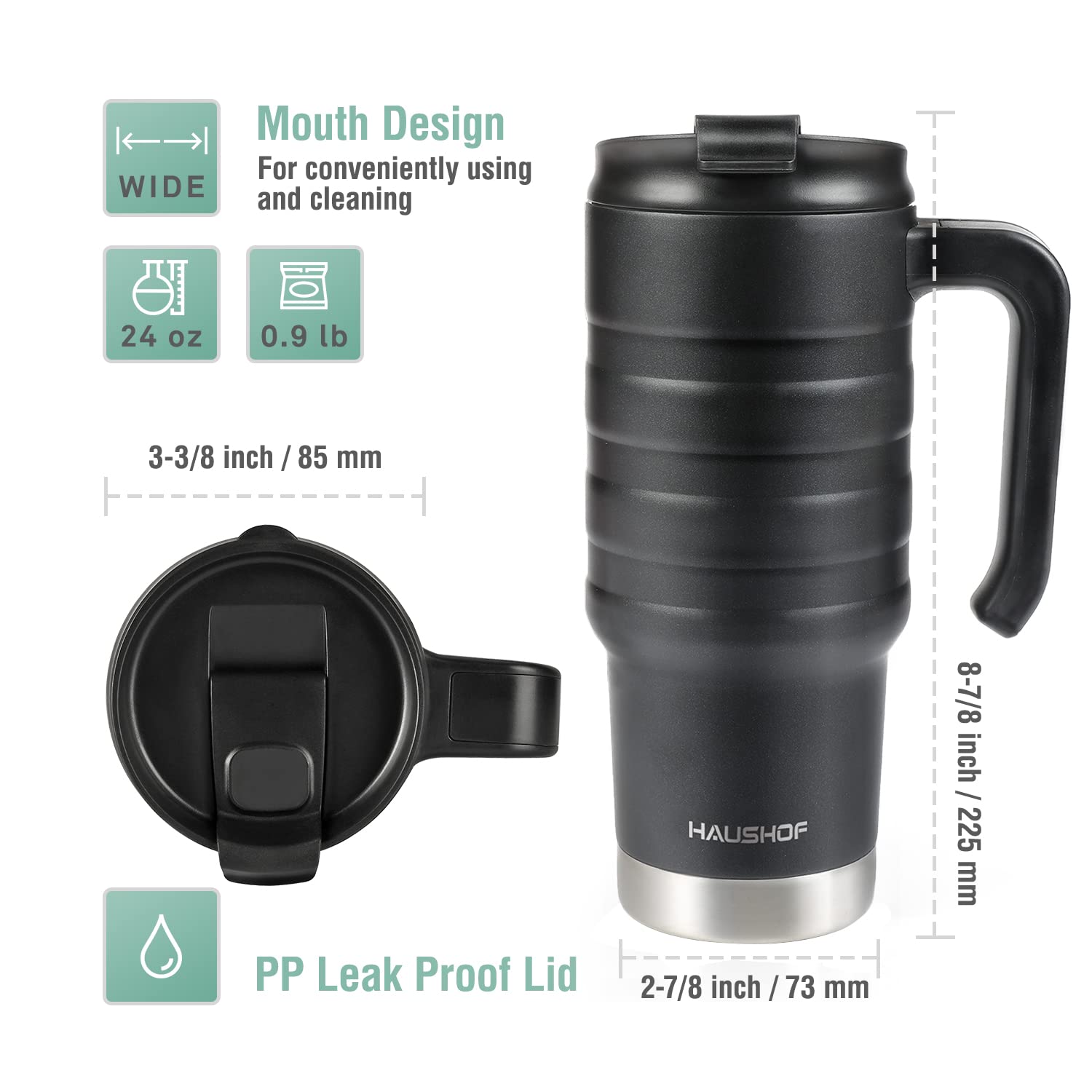 HAUSHOF taza viajera de acero inoxidable 18/8, sin sabor ni olor para uso diario.