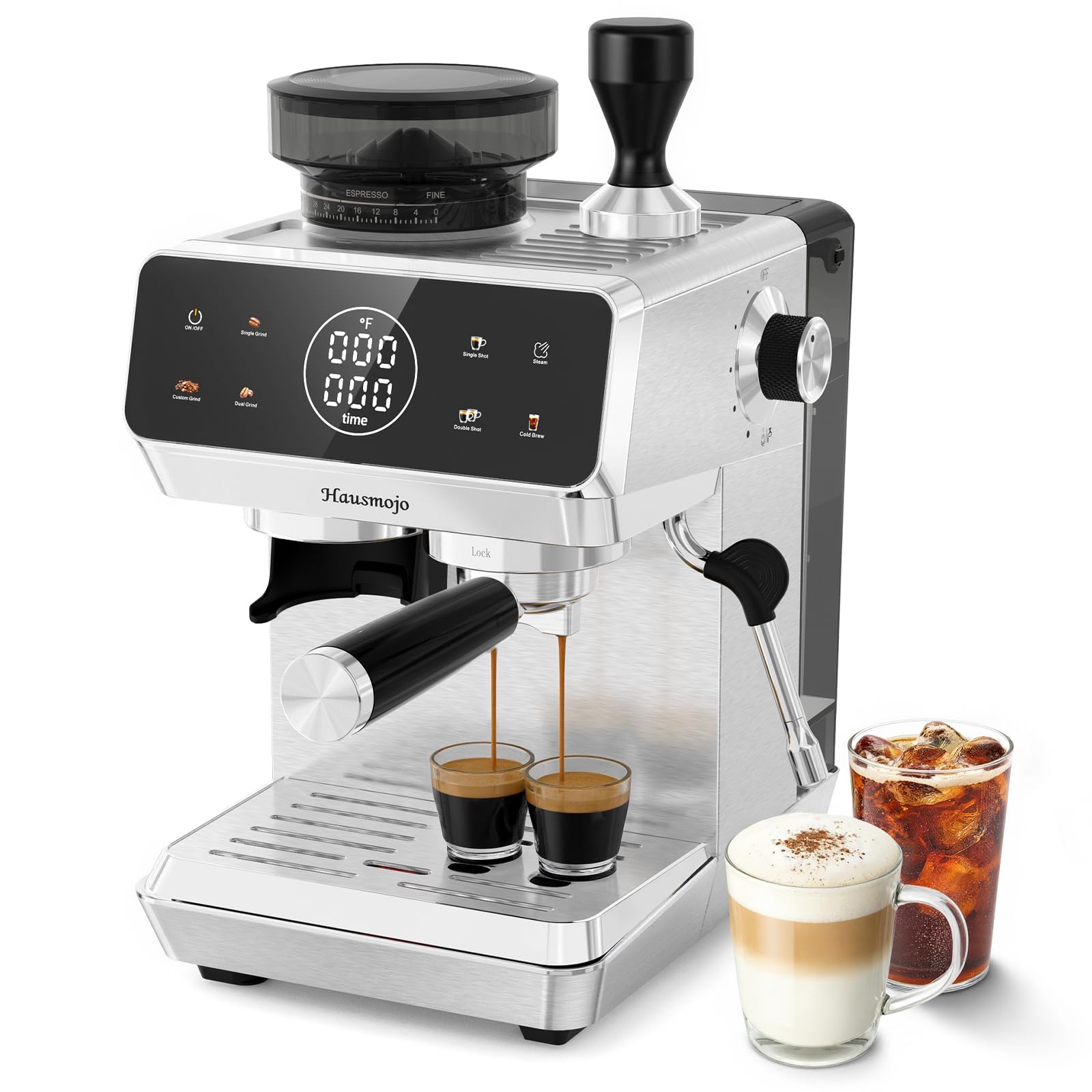 Hausmojo CM1620 con molino conico para espresso, control preciso del molido en casa.