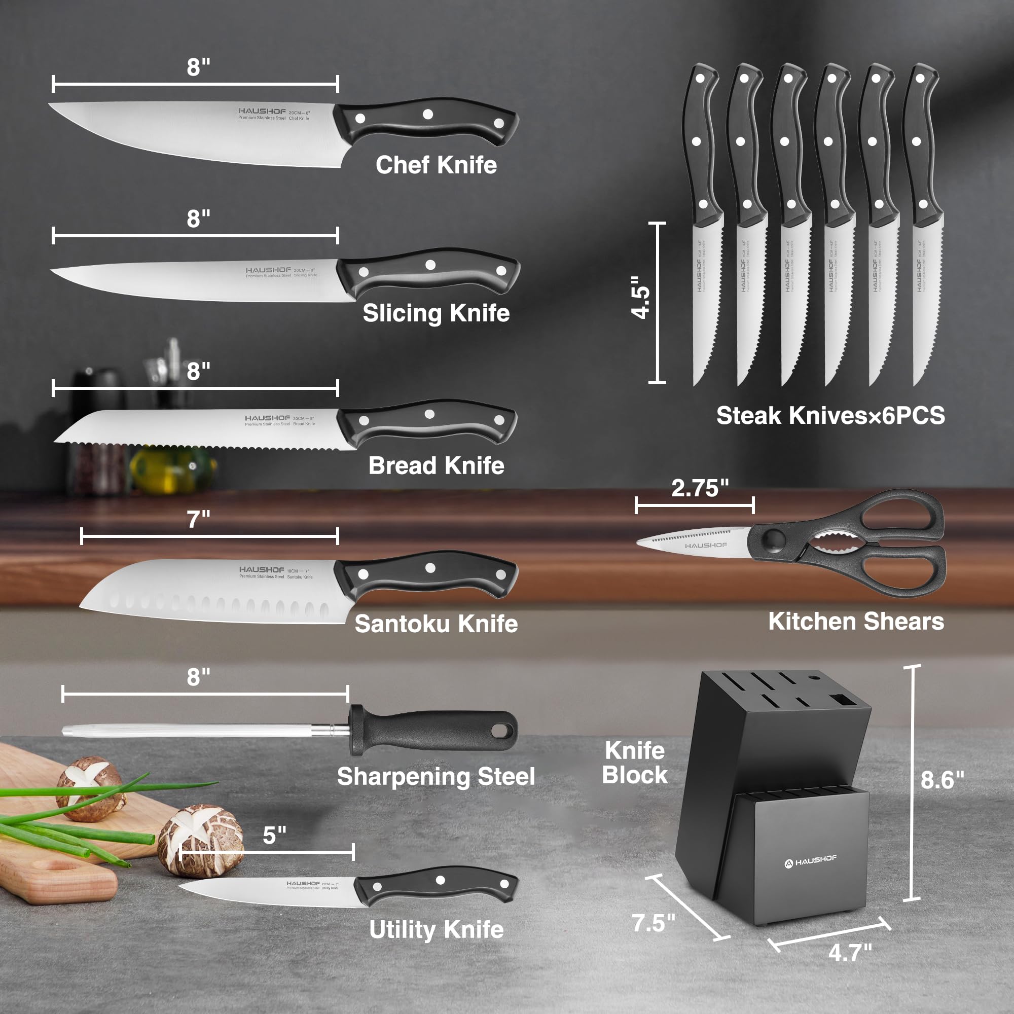HAUSHOF cuchillo chef 8 pulgadas con filo estable para cortes precisos.