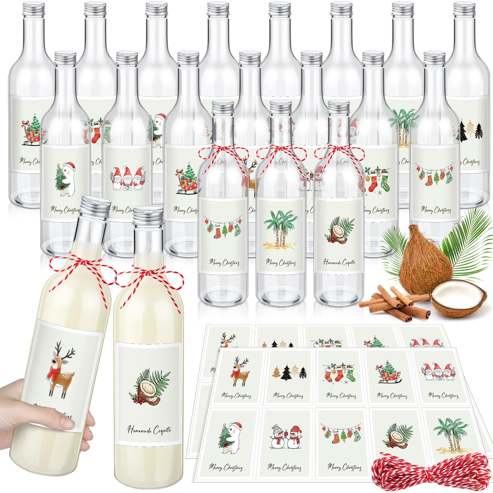 Havawish botellas de plástico para coquito de 25 oz, mostradas listas para regalo navideño.