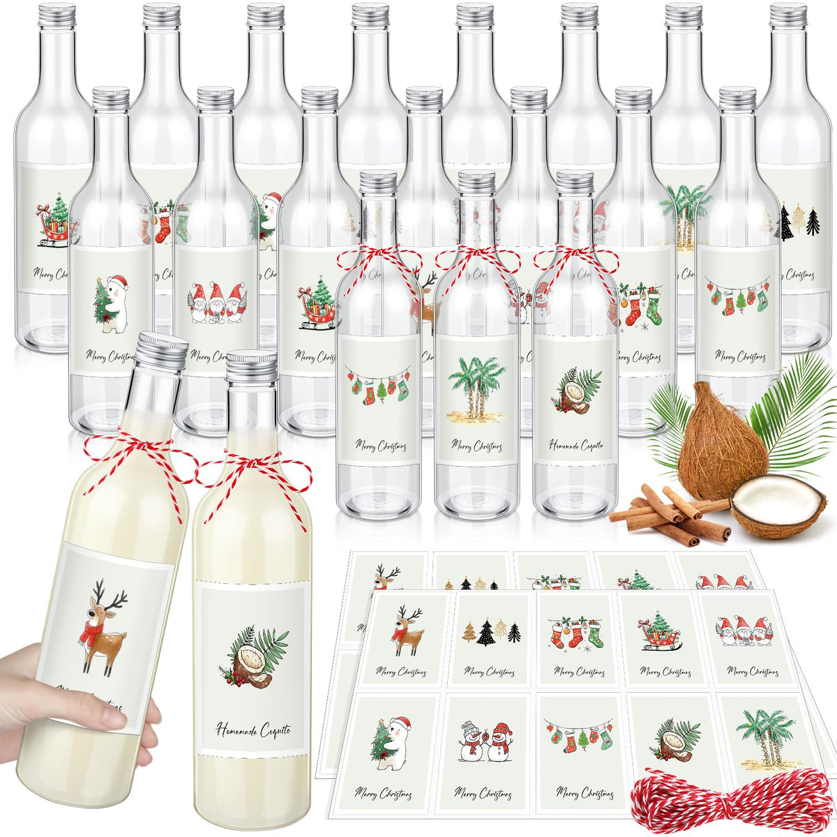 Havawish botellas de plástico para coquito de 25 oz, mostradas listas para regalo navideño.