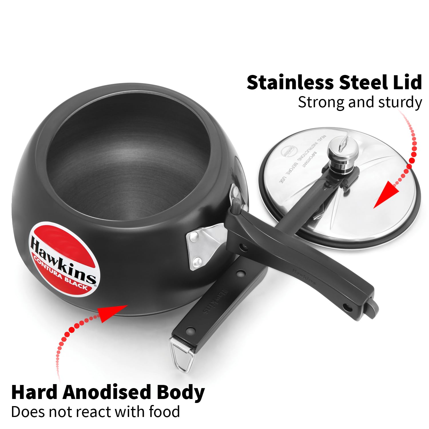 Tapa interior dura anodizada de Hawkins Contura 3 L para seguridad.