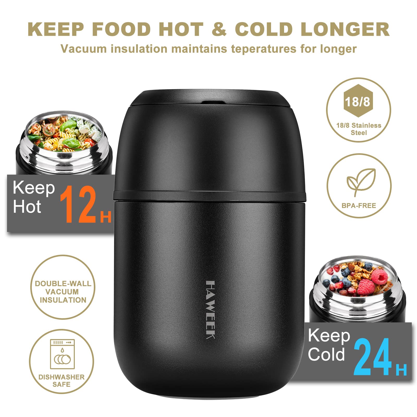 HAWEEK Termo Sopa 17oz, doble tapa mejora aislamiento y limpieza.