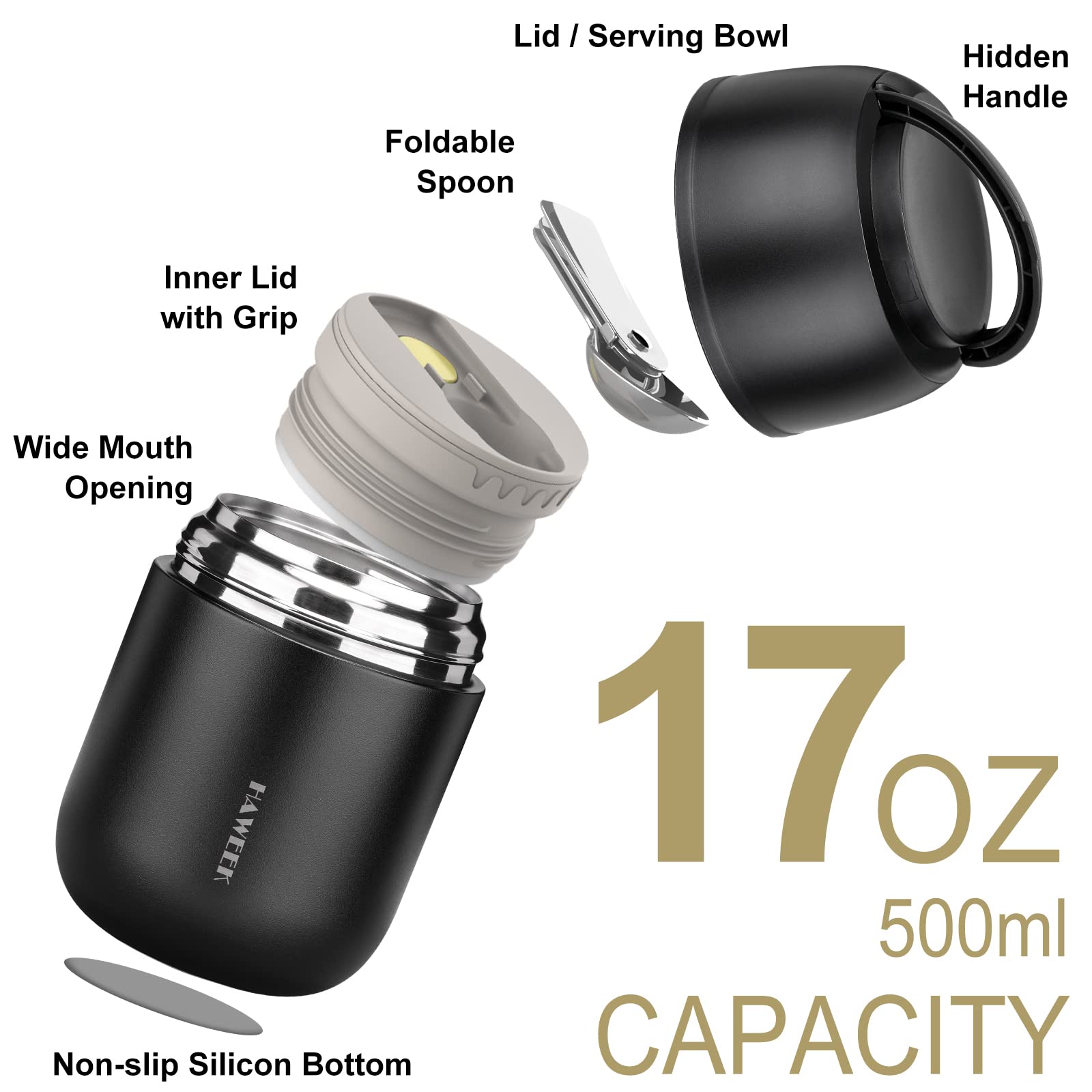 HAWEEK Termo Sopa 17oz, sin derrames, seguro para bolsos y mochilas.