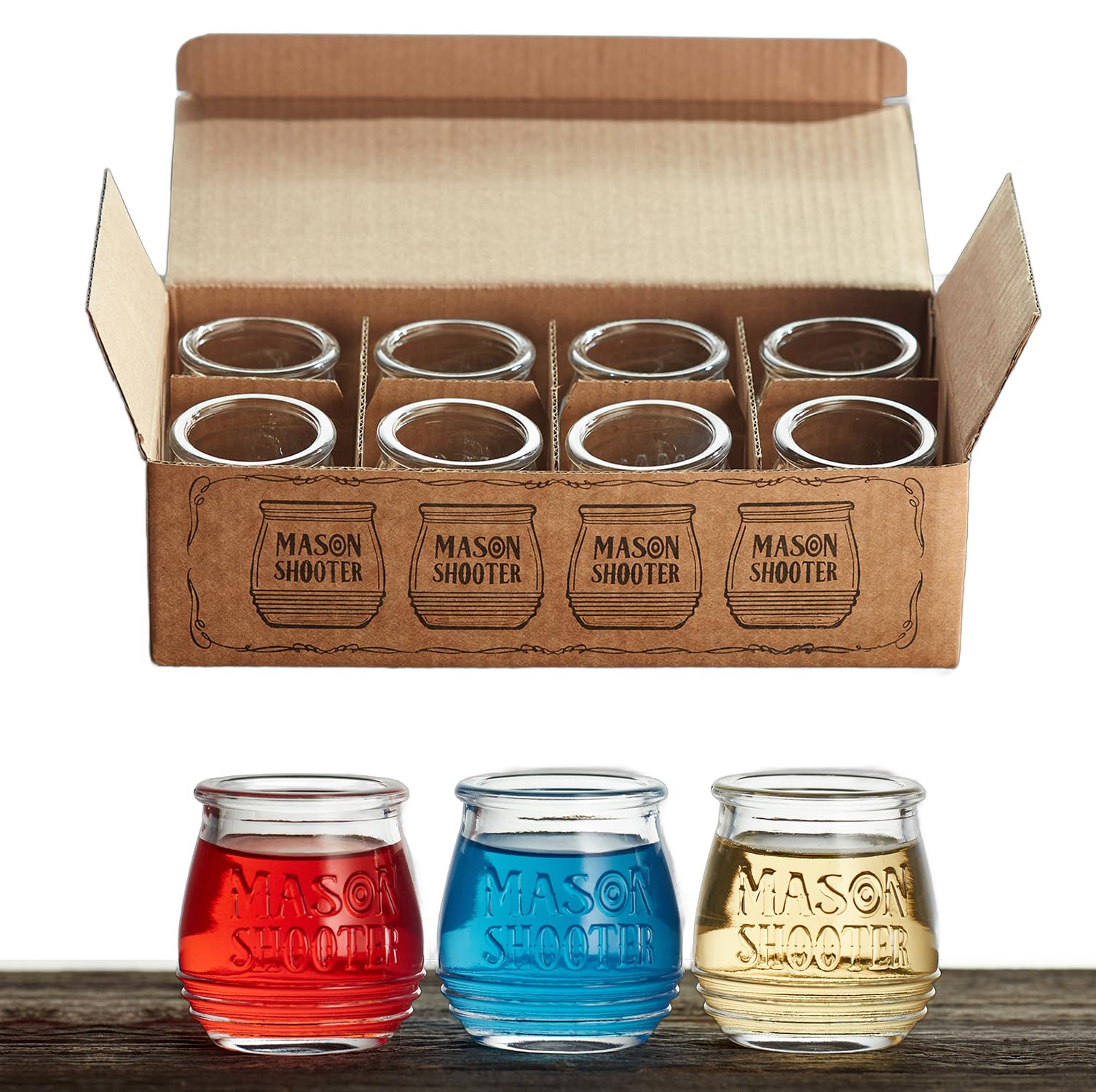 Hayley Cherie vasitos shot Mason mini de 2oz, ideales para fiestas y regalos.