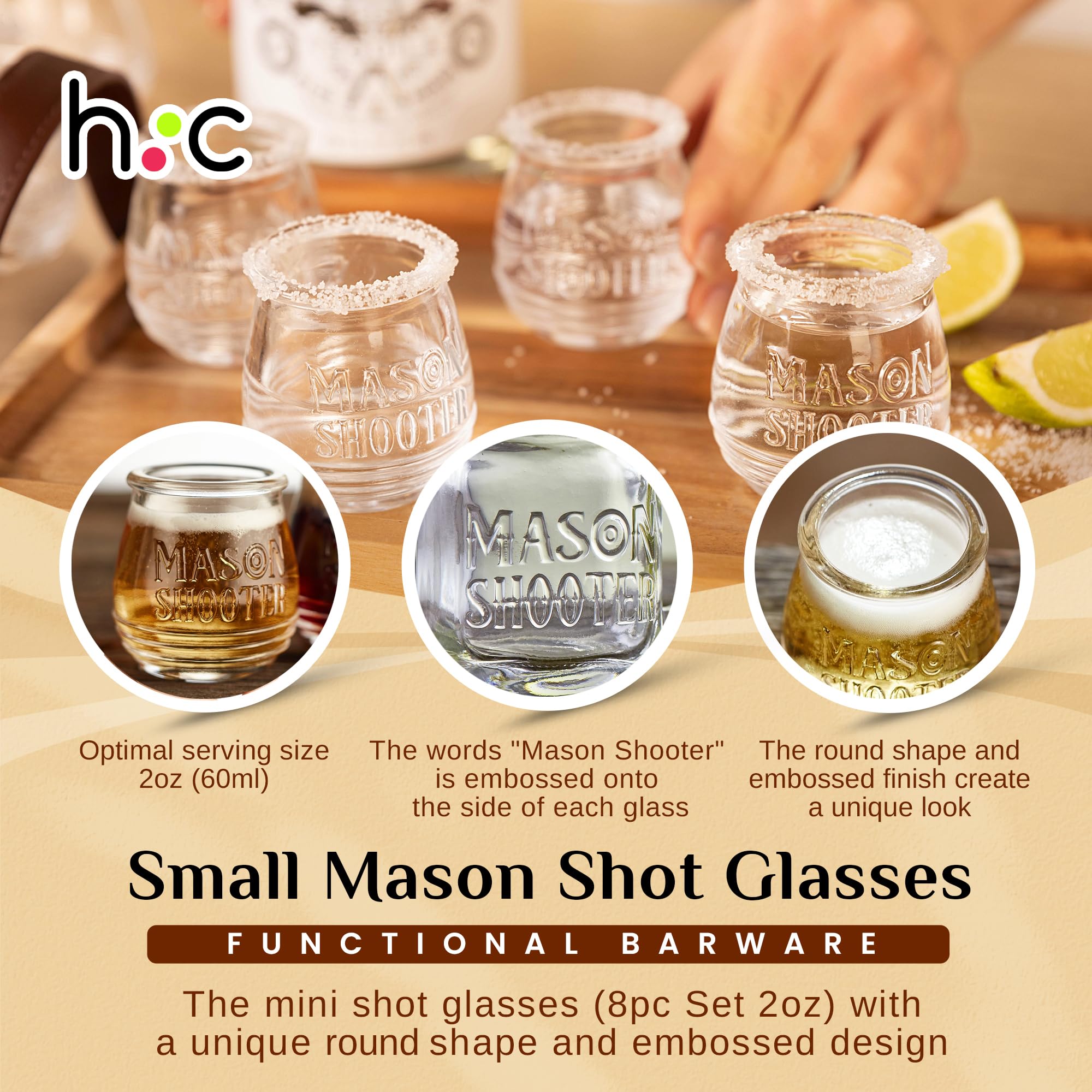 Hayley Cherie vaso shot Mason de vidrio grueso, duradero para uso diario.