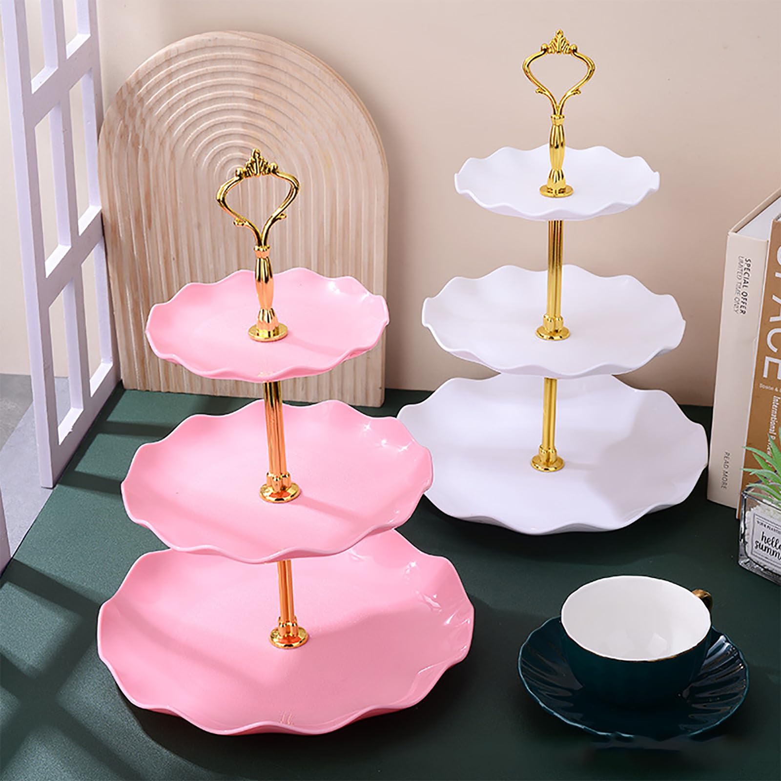 Hazyore estante de dulces tres niveles rosado-blanco perfecto para fiestas y eventos.