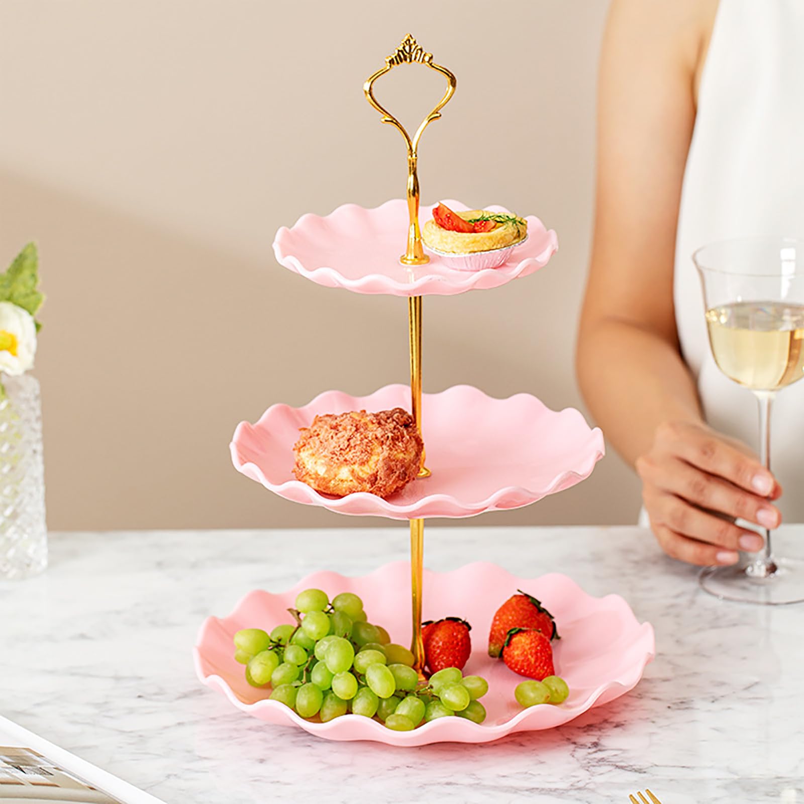 Hazyore exhibidor cupcakes rosado-blanco, diseño elegante para mesas de postres.