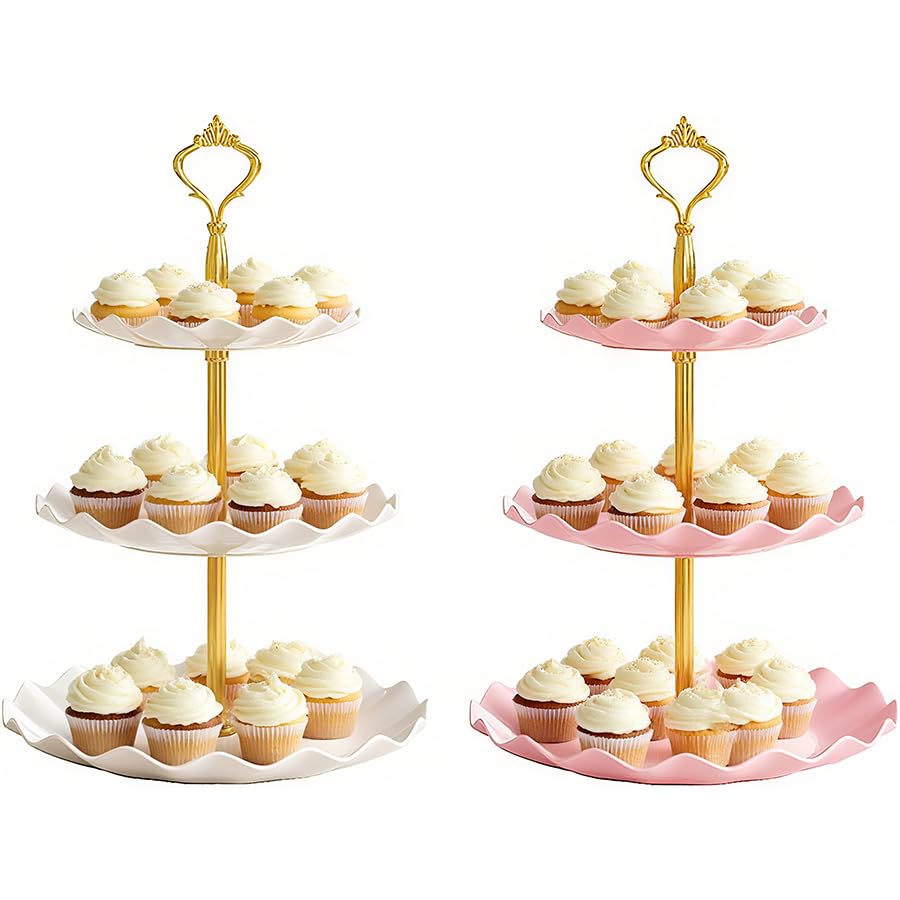 Hazyore torre de cupcakes tres niveles blanco-rosado para exhibir dulces con estilo.