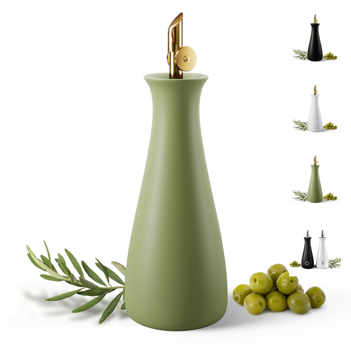 HB Design Co. dispensador cerámico verde mate para aceite de oliva, elegante y práctico.
