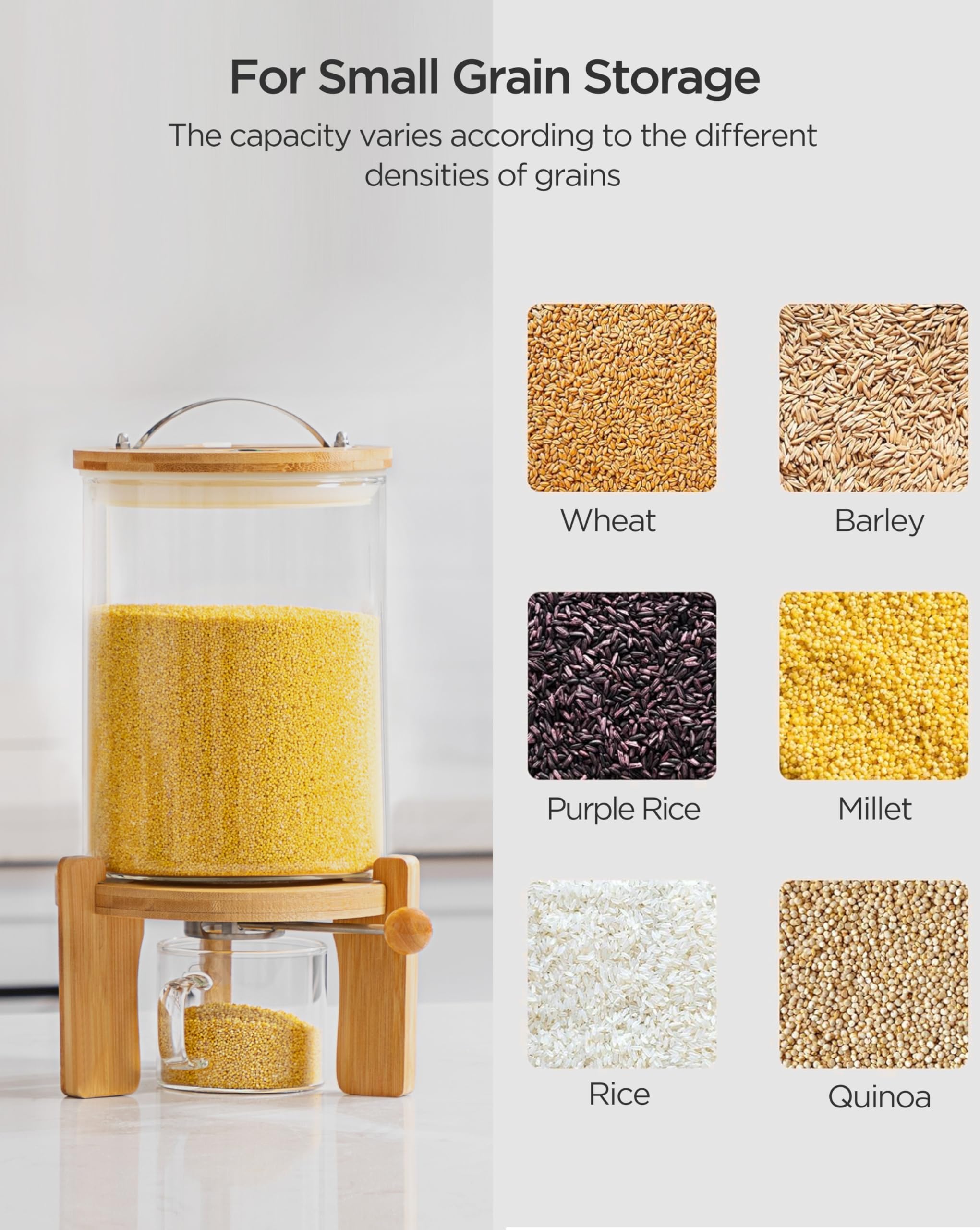 Dispensador de arroz de vidrio con capacidad de 5L, opción práctica.