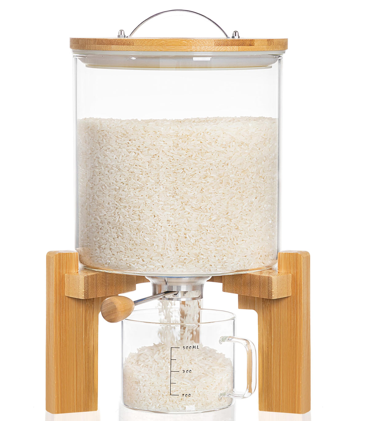 Dispensador de HBlife de arroz en vidrio con base de madera para porciones precisas