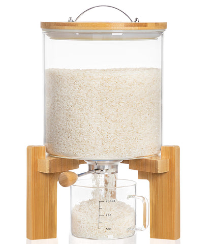 Dispensador de HBlife de arroz en vidrio con base de madera para porciones precisas