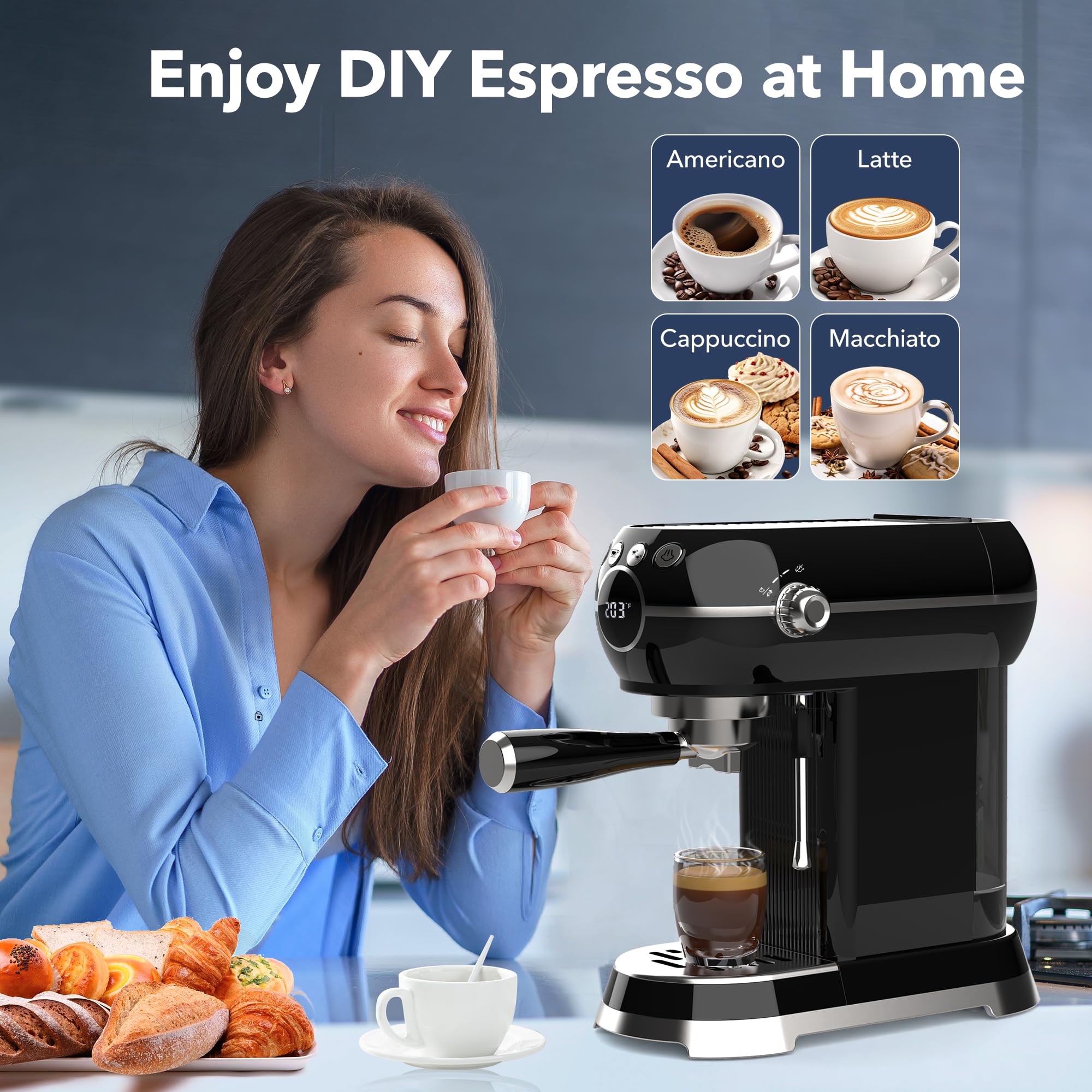 Dispensador de café expreso de dos porciones para mayor versatilidad.