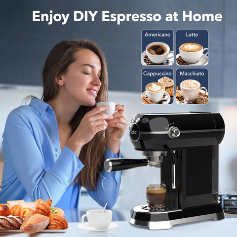 Dispensador de café expreso de dos porciones para mayor versatilidad.