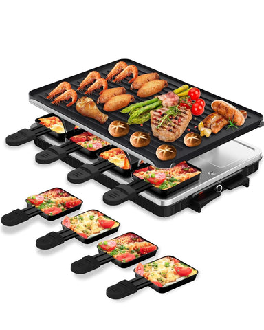 Raclette eléctrica HBN con 8 bandejas de calor, ideal para reuniones.