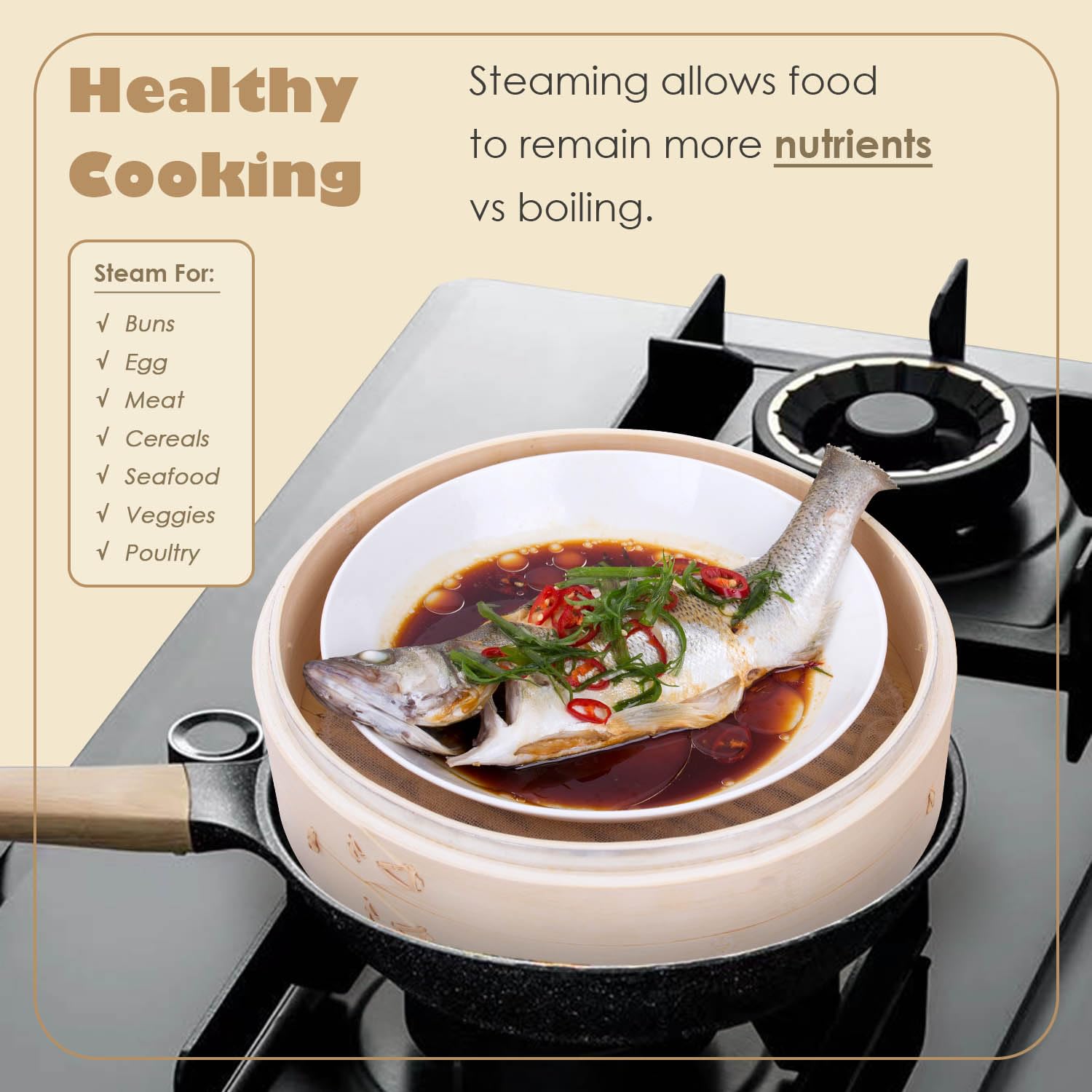 Canasta de vapor Hcooker de bambú con dos niveles para cocinar varios platillos