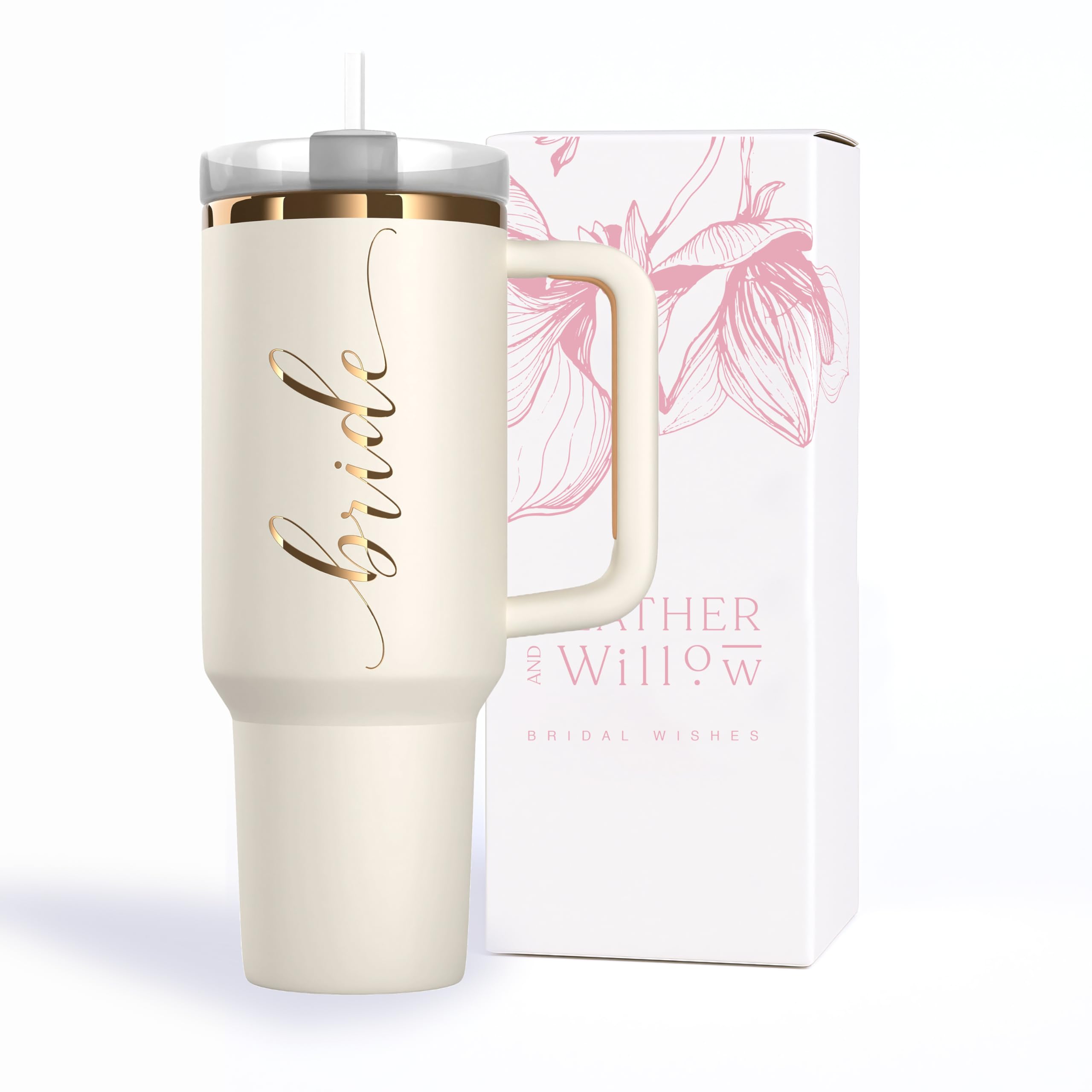 Vaso Heather Willow para la novia con tapa y pajilla, ideal para bebidas frías.