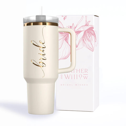 Vaso Heather Willow para la novia con tapa y pajilla, ideal para bebidas frías.