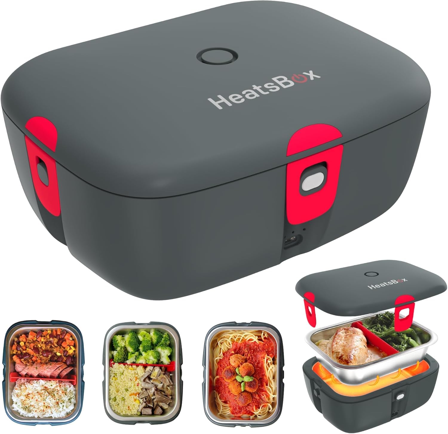 HeatsBox Go, caja de almuerzo sin cables para calentar comidas en casa o en la oficina.
