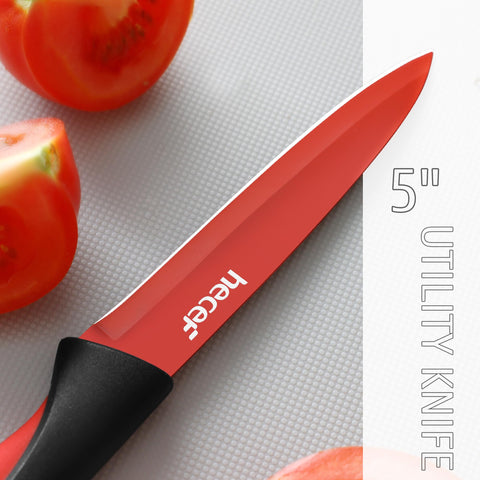 Hecef cuchillas con recubrimiento rojo antiadherente para cortar sin esfuerzo.