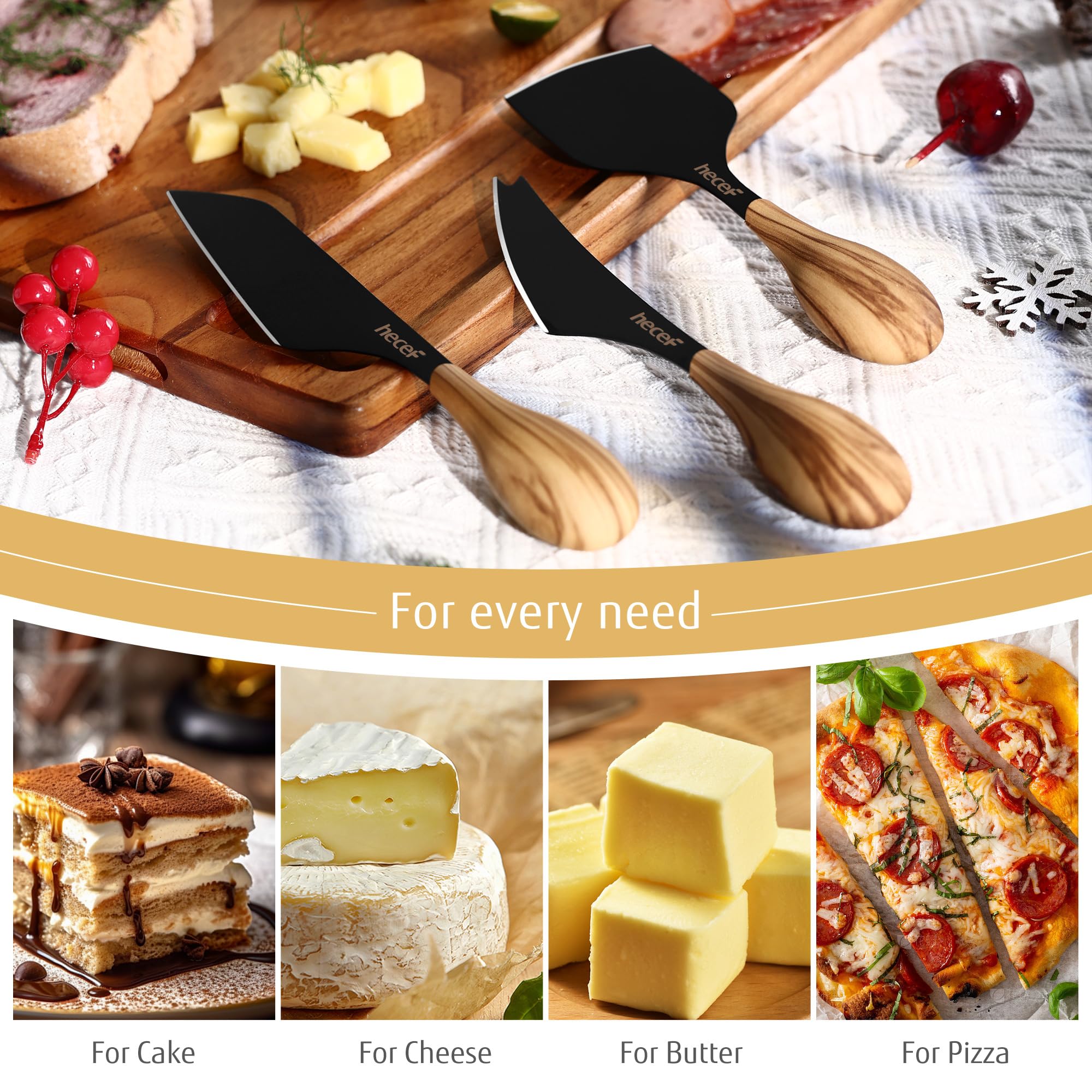 Agarre ergonómico en cuchillos hecef para servir queso con precisión.