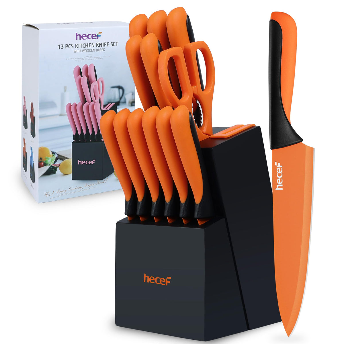 Conjunto hecef 13 piezas frente al bloque, ideal para uso diario en la cocina.