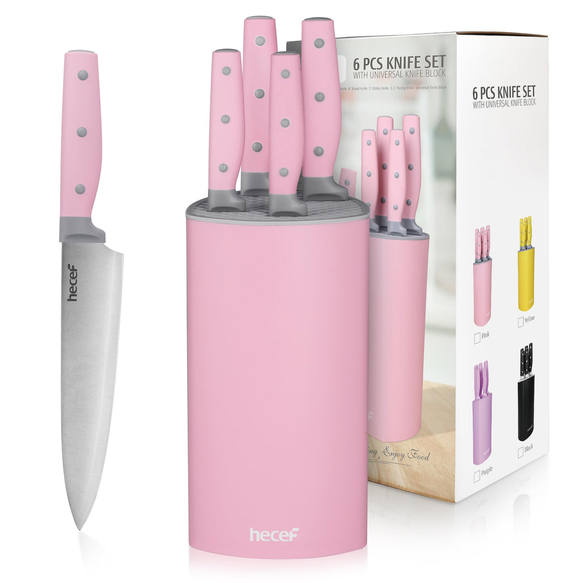 Conjunto de cuchillos Hecef de 6 piezas con bloque universal rosa para cocina ordenada y segura