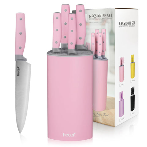 Conjunto de cuchillos Hecef de 6 piezas con bloque universal rosa para cocina ordenada y segura