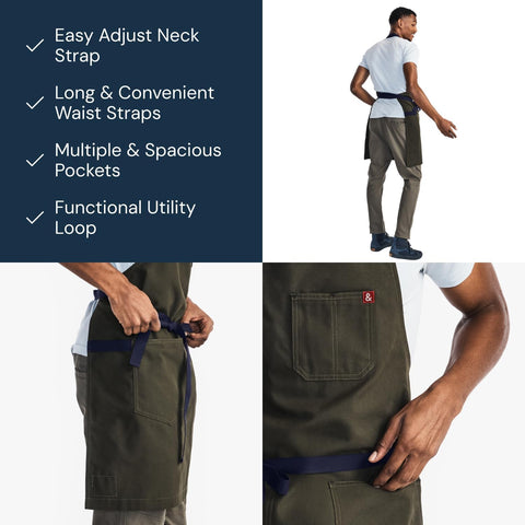 Delantal Hedley & Bennett Essential, tiras cintura 43 pulgadas, ajuste seguro para varias tallas.