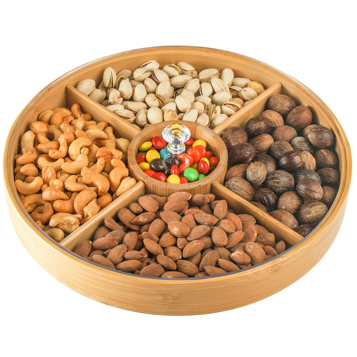 Bandeja Hedume de bambú con 5 secciones para servir frutas y nueces.