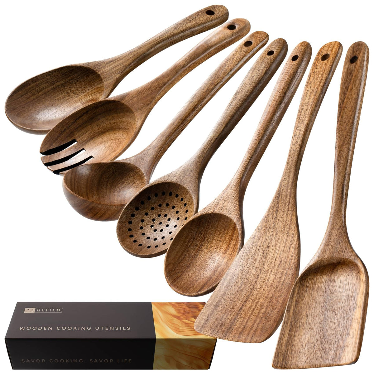 Hefild conjunto utensilios madera acacia, 7 piezas, duraderos para cocinar.