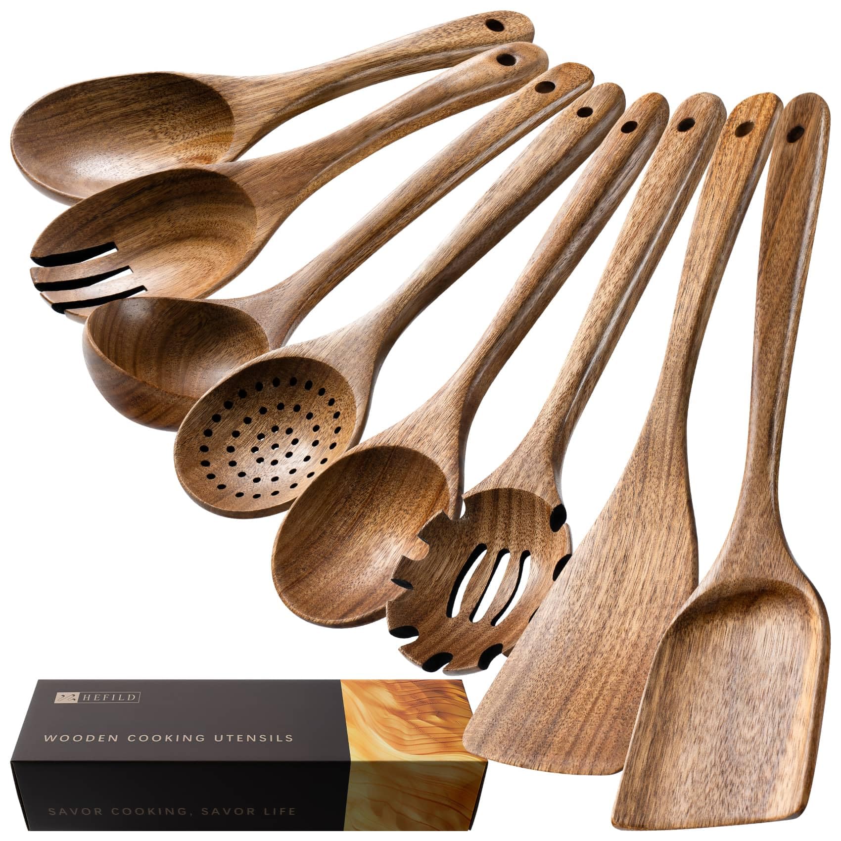 Cucharas y espátulas Hefild de madera de acacia para uso diario.